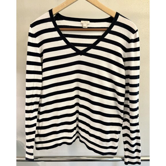 J. CREW STRIPED‎ V-NECK SWEATER IN SUMMERWEIGHT COTTON SZ L F4307 - Picture 1 of 6